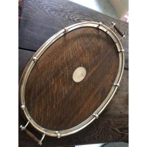 Large Wooden And Silver Metal Serving Tray