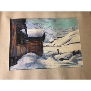 Watercolor Snowy Mountain Landscape By Hugo Frey