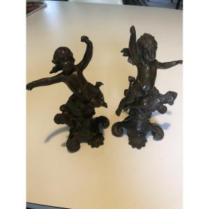 Pair Of Small Bronze Cherubs, 19th Century