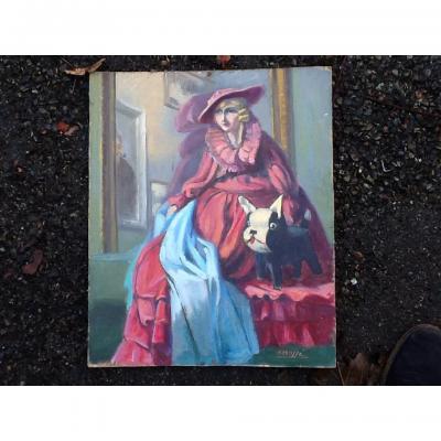 Table Woman And His Dog Signed Yvon Massé