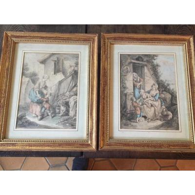Pair Drawings Watercolored 18 Eme Siecle