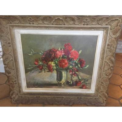 Table Of Flowers Carved Wooden Frame 20 Eme Siecle