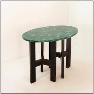Console Table With Malachite Top On Double Tripod Base In Black Metal