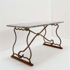 Wrought Iron And Marble Coffee Table In The Style Of Gilbert Poillerat