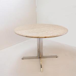 Round Travertine Dining Table With Chrome Base, 1970s - ø 120 Cm