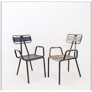 Rene Malaval 'radar' Metal Mid-century French Garden Chairs Set Of 2