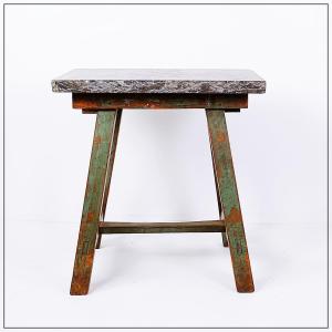Industrial Console/table With Blue Stone Top And Green Patinated Wood