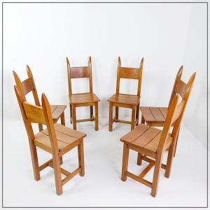 Set Of 6 Brutalist Oak Chairs - 1970s