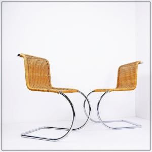 Pair Of Chrome And Wicker Cantilever Chairs In The Mies Van Der Roye Style