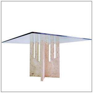 Square Travertine And Glass Dining Table - Italy, 1970s