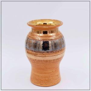 Shiny Ceramic Vase With Gold Enamel By Georges Pelletier Vallauris - 1960s