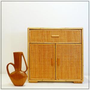 2-door And Drawer Rattan And Wicker Cabinet - 1960s