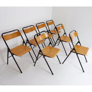 Set Of 7 Vintage Metal And Wood Folding Chairs - 1960s