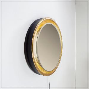 Large Round Wall Light Mirror Gold Leaf - 1960s - ø66cm