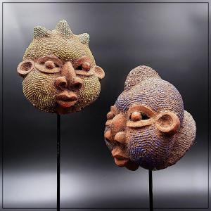 Pair Of African Terracotta And Pearl Heads 