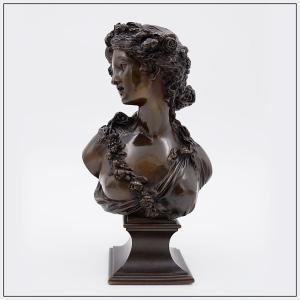 Bronze By Jc Marin “young Woman Crowned With Flowers”, 19th Century