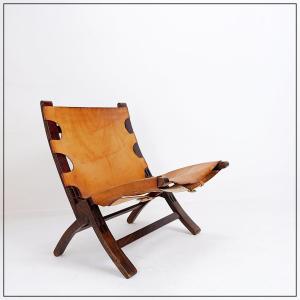 Leather And Wood Folding Armchair, 1950s
