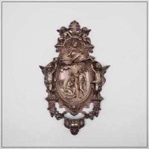 Silver-plated Copper Holy Water Font Representing The Baptism Of Christ, 19th Century