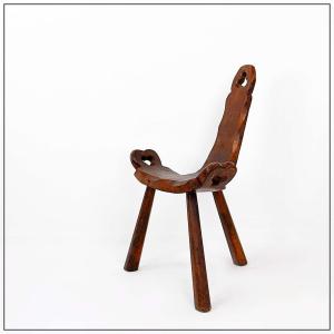 Primitive French Carved Wooden Tripod Chair, Wabi Sabi Style, Early 20th Century