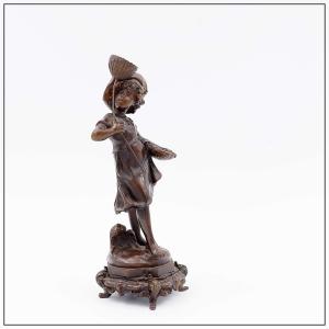 Bronze "boy With A Butterfly" By The Artist Auguste Moreau. - 19th Century