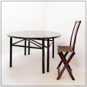 Pair Of Chinese Half-moon Console Tables / Center Table And 1 Folding Travel Chair