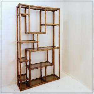 Asymmetrical Bamboo And Smoked Glass Shelf - 1970s