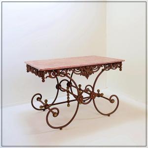 Large 19th-century French Butcher's Table In Wrought Iron And Red Marble