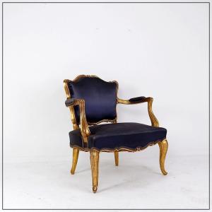 Louis XV Style Armchair With Original Navy Blue Silk Upholstery
