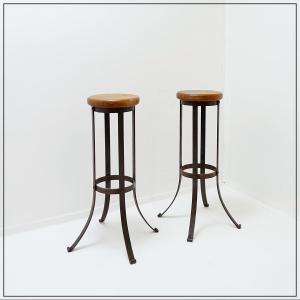 Pair Of Brutalist Bar Stools In Oak And Wrought Iron, 1960s