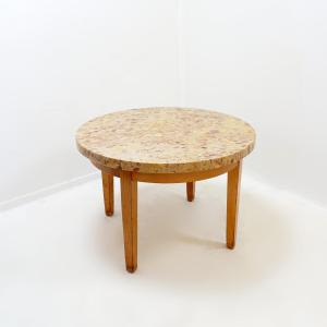 Round Wooden Coffee Table With A Breccia Marble Top From Aleppo - 20th Century