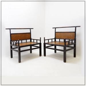 Pair Of Lacquered Wood And Rattan Meditation Chairs - Japan, Early 20th Century