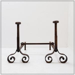 Pair Of Antique Wrought Iron Andirons - 19th Century