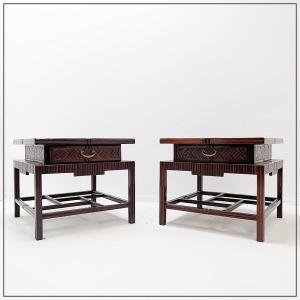 Pair Of Vintage Pagoda-style Side Tables, Imitation Bamboo Chevron Pattern - Maitland & Clasco