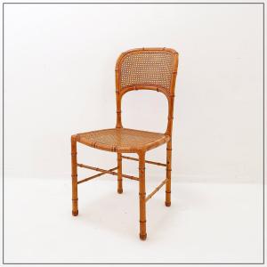 Vintage Organic-style Accent Chair In Imitation Bamboo And Caning - 1960s