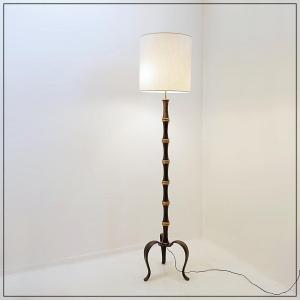 Tripod Floor Lamp In Wrought Iron And Brass, Imitation Bamboo Base
