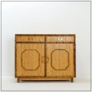 Bamboo Chest Of Drawers With 2 Doors And 2 Drawers, Brass Handles, Circa 1960.