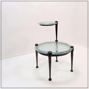 Round Wrought-iron Side Table With Aquamarine Glass Top - Lothar Klute Style - 1980s