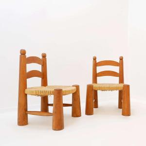 Pair Of Low, Brutalist Chairs In The Style Of Charles Dudouyt—1960s