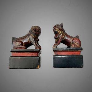 Pair Of Buddhist Lions In Red And Gold Lacquer, China 19th