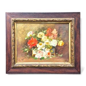 Floral Bouquet Signed By Sanchez, Oil On Canvas, 19th Century