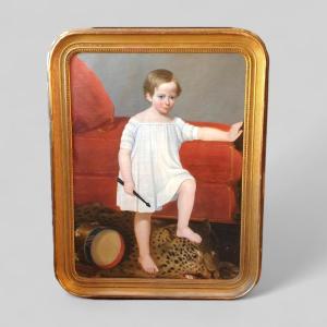 Hst Painting, Child With Tambourine Walking On A Panther, 18th Century 