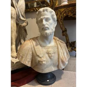 Large Bust Of An Emperor In Armor, Marble And Onyx, 20th Century