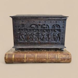 Small Nickel-plated Bronze Cassette Chest, 19th Century, With Twelve Apostles And Signs Of The Zodiac