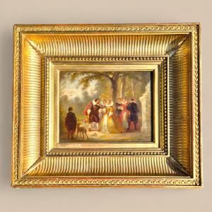Romantic Miniature Oil Painting On Wood, 19th Century, Signed P. Faure