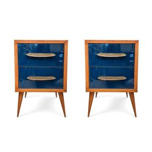 Pair Of Murano Turquoise Glass Side Tables With Brass Handles, 1960s/1970s