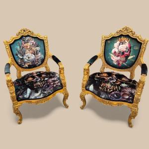 A Unique Pair Of 19th-century Baroque Armchairs Reimagined By The Artist Wesley Smith