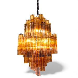 1970s Murano Chandelier In Orange Polylobed Glass – After Venini, Hollywood Regency Style