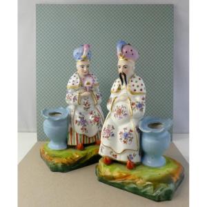 Couple Chinois Porcelaine De Paris, Sujets Polychromes Vers 1840, Intacts