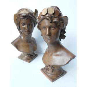 Hermès, Minerva, Terracotta Busts, Apothecary, Dieppe, 1912