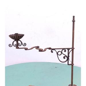 18th Century Artisan Candlestick, Rare Wrought Iron Leaflet Model